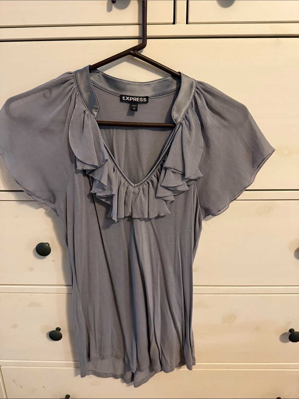 Express Light Gray Ruffle V-Neck Blouse